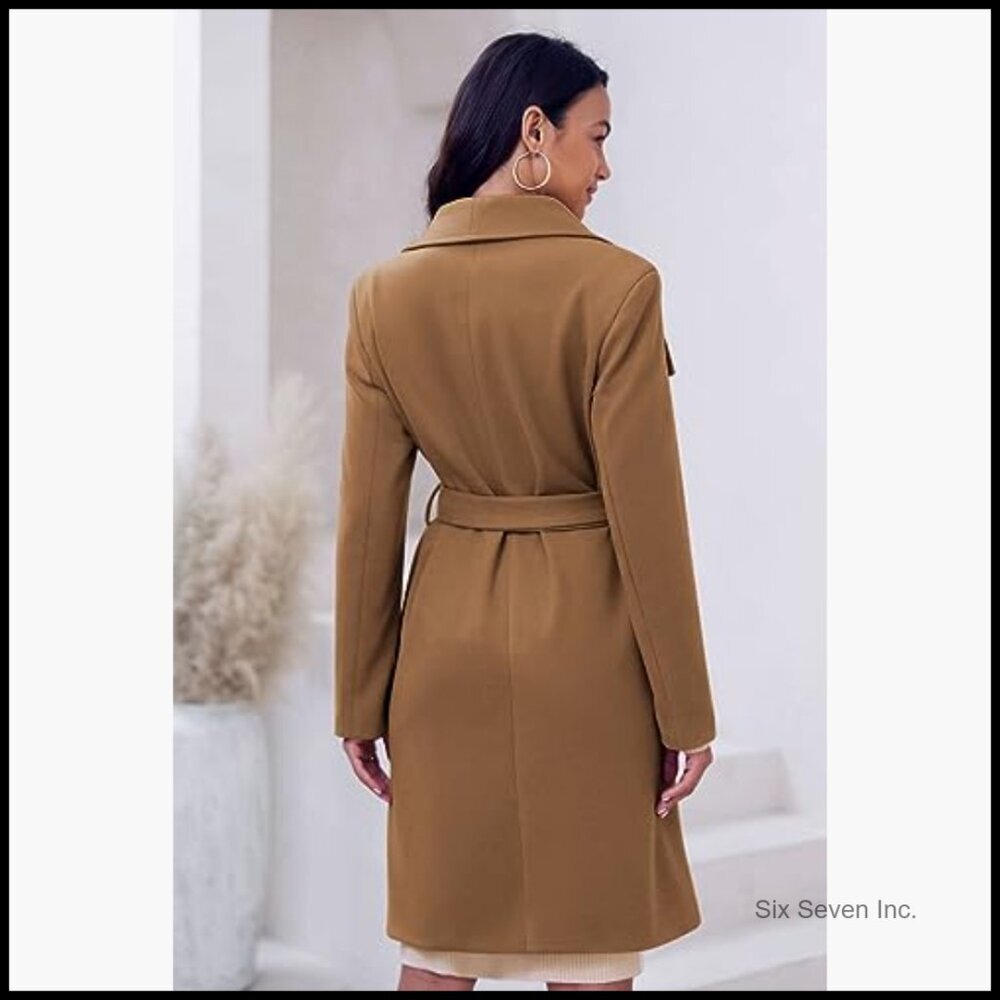 Polyester Pea Trench Coat Lapel Collar Long Jacket Belted Overcoat - Picture 4 of 7